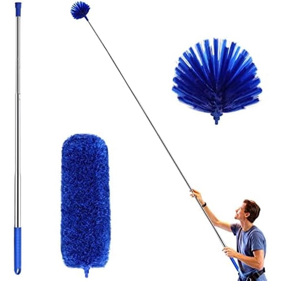 Cobweb Duster with Extension Pole, Washable Cleaning Duster Kit with 2 Duster Heads, Cobweb Duster, Corner Brush, Aluminum Telescoping Pole for Ceiling Fan (Blue)