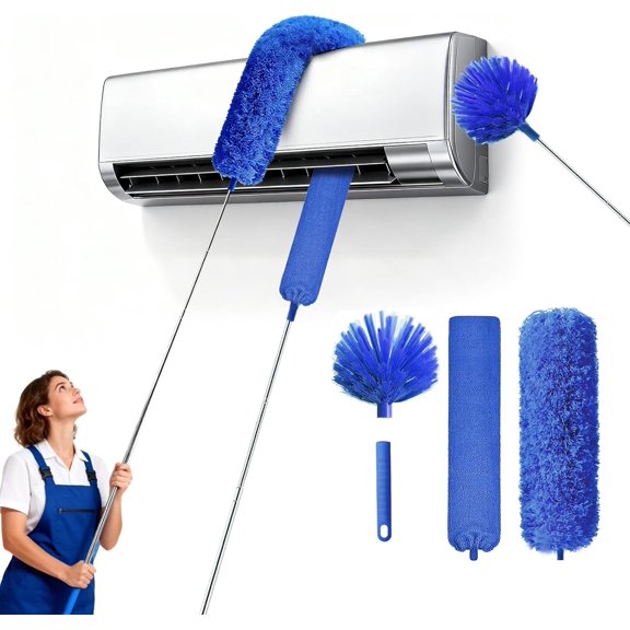 Cobweb Duster with Extension Pole, Washable Cleaning Duster Kit with 3 Duster Heads, Cobweb Duster, Corner Brush, Gap Dust Cleaner, Telescoping Pole for Ceiling Fan, Long Duster for high Ceilings