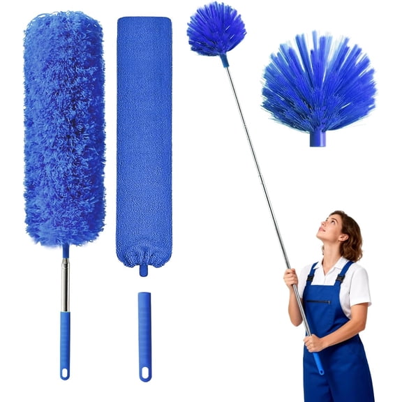 Cobweb Duster with Extension Pole, Washable Cleaning Duster Kit with 3 Duster Heads, Cobweb Duster, Corner Brush, Gap Dust Cleaner, Telescoping Pole for Ceiling Fan, Long Duster for high Ceilings