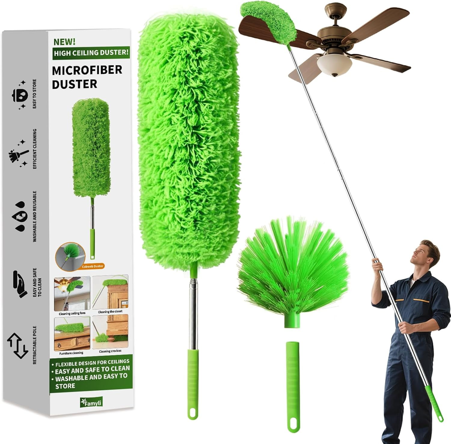 Cobweb Duster with Extension Pole, Washable Cleaning Duster Set with 2 ...