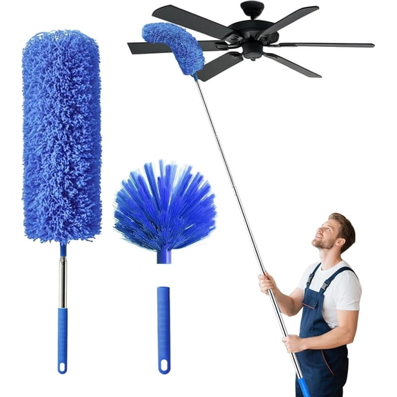 Cobweb Duster with Extension Pole, Washable Cleaning Duster Set with 2 Duster Heads, Spider Web Brush with Pole,high Ceiling Duster with Extension Pole,Cleaning Supplies,Ceiling Fan Cleaner