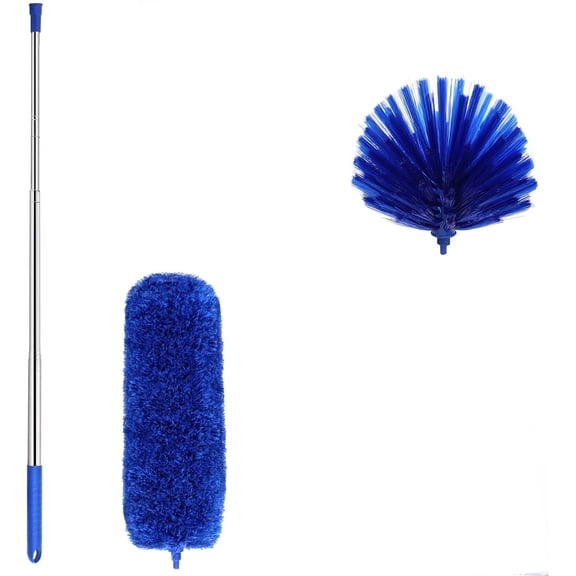 Cobweb Duster with ExtensionPole, Washable Cleaning Duster Kit with 2 DusterHeads, Cobweb Duster, Corner Brush, Telescoping Pole for Ceiling Fan (Blue)