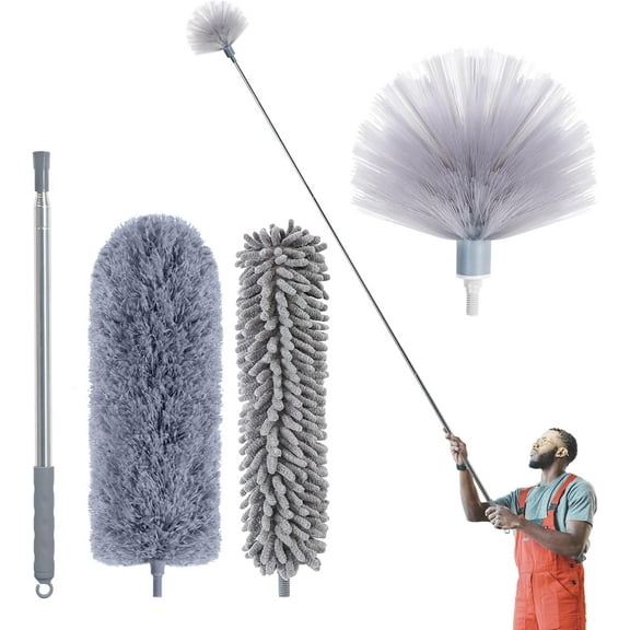 Cobweb Duster with Extension Pole, 100'' Microfiber & Chenille Ceiling Cleaner Kit, Reusable Feather Duster, Bendable, Washable