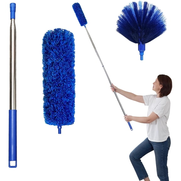 Cobweb Dusters with Extension Pole 100-inch, Spider Web Brush & Ceiling Cleaning Kit, Washable Cleaning Duster Kit with 2 Duster Heads, Cobweb Duster, Corner Brush for Ceiling Fan, Furniture, Home