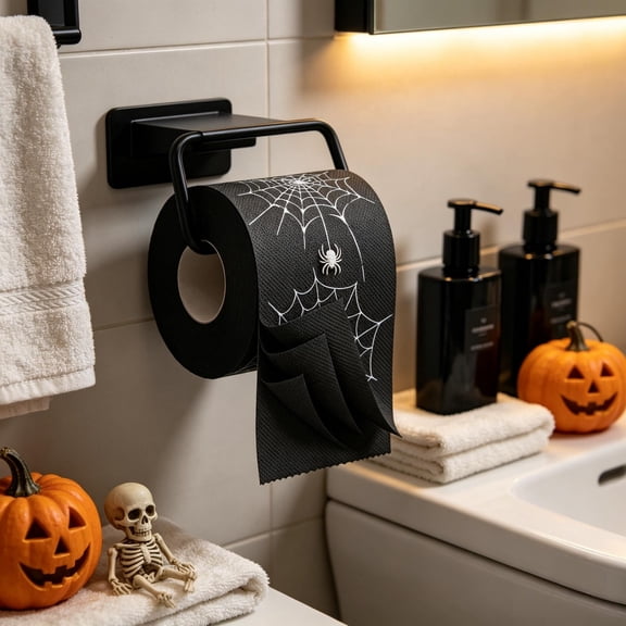 Cobweb Printed Halloween Toilet Paper Roll, Black Toilet Paper Spooky Prank Restroom Prop, Funny Halloween Decorations for Bathroom Gift