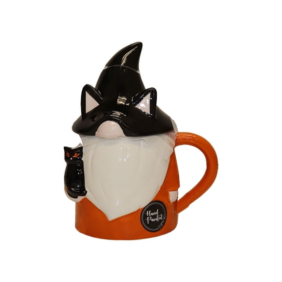 Cobwebs & Cauldrons Halloween Gnome Mug w/Cat Topper Ceramic