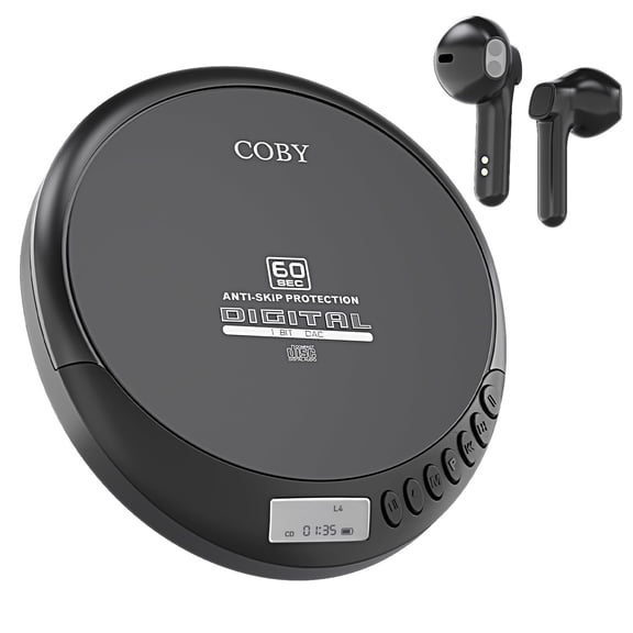 Coby CD Player Portable CD Player with Bluetooth & Wireless Earbuds, Wired Earbuds, FM Radio, AUX, MP3 Anti-Skip CD Player for Home, Car, Rechargeable Ear Buds, Lightweight