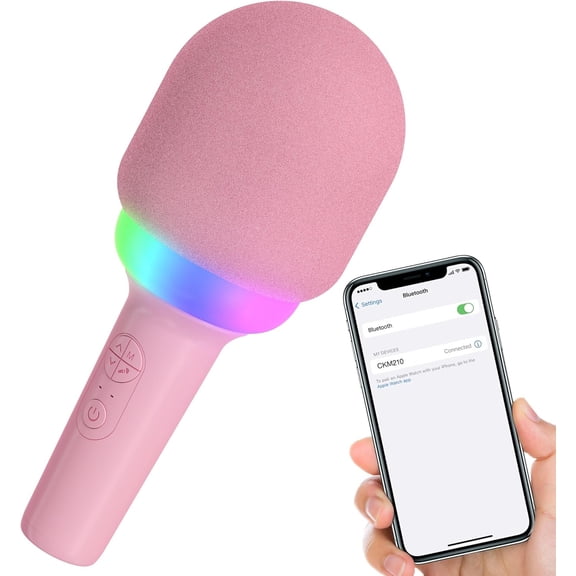 COBY LED Karaoke Microphone and Bluetooth Speaker with 5 Light and 4 Voice Changing Modes, Pink