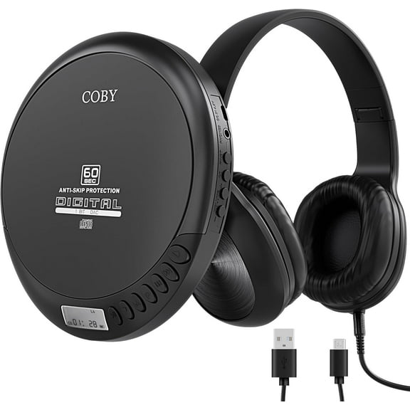 Coby Portable CD Player, 60-Sec Anti-Skip, Foldable Headset, Black, COBY-CD193BK