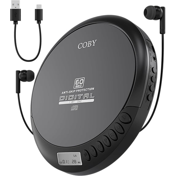 Coby Portable MP3 Compatibility, Built-In FM Radio, 60s Anti-Skip CD Player with Stereo Earbuds