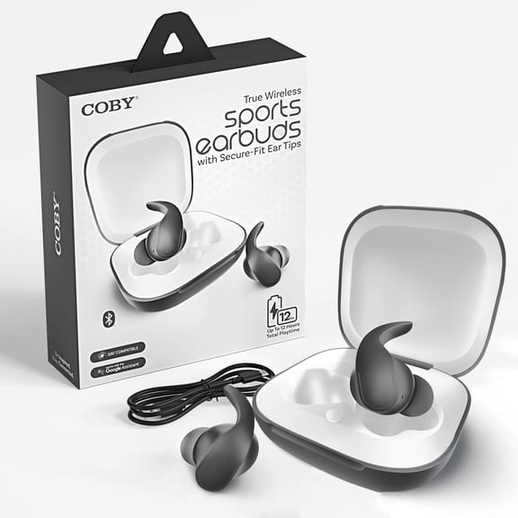 COBY Sports True Wireless Earbuds, Noise-Isolating Bluetooth Earbuds with Secure-Fit Ear Tips, Gray