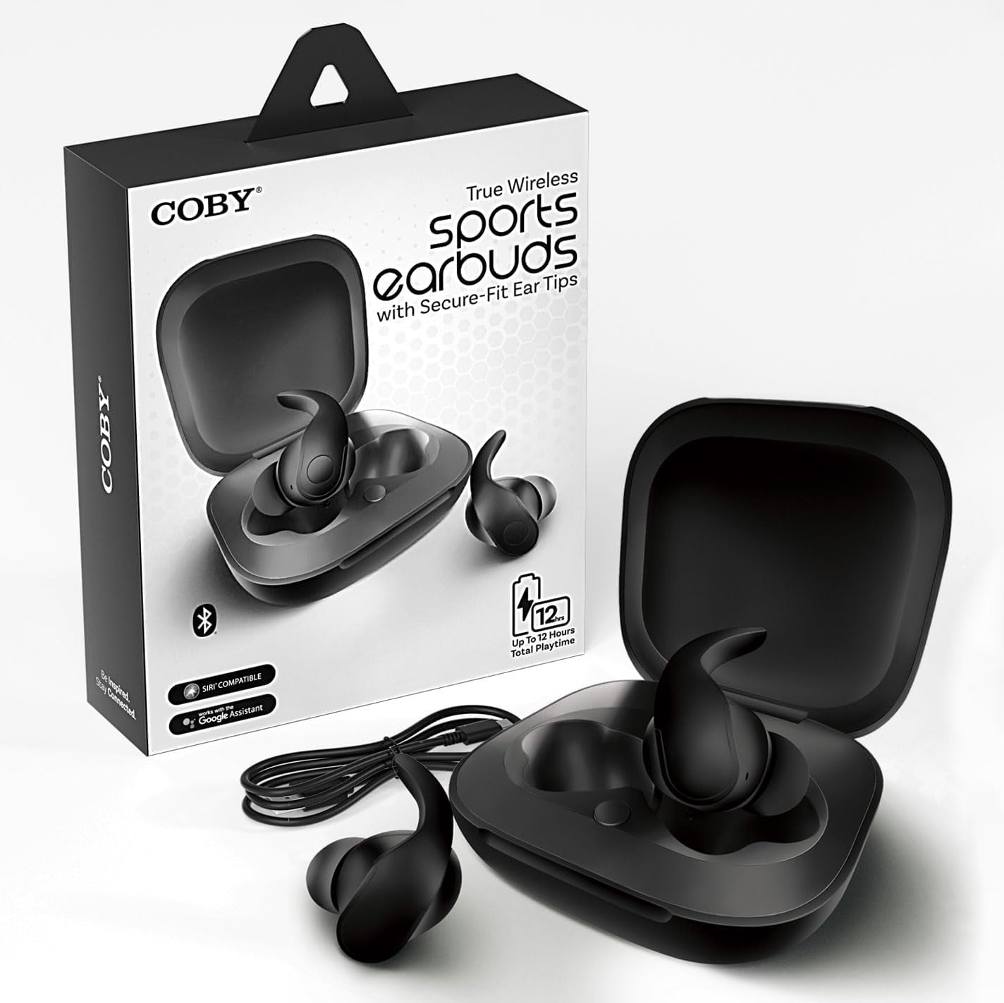 COBY Sports True Wireless Earbuds, Noise-Isolating Bluetooth Earbuds with Secure-Fit Ear Tips, Black