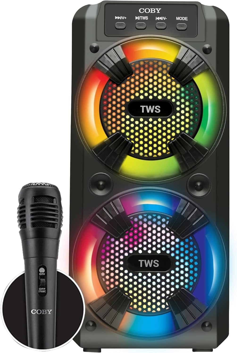 COBY True Wireless Bluetooth Speaker with Karaoke Microphone and LED Lights