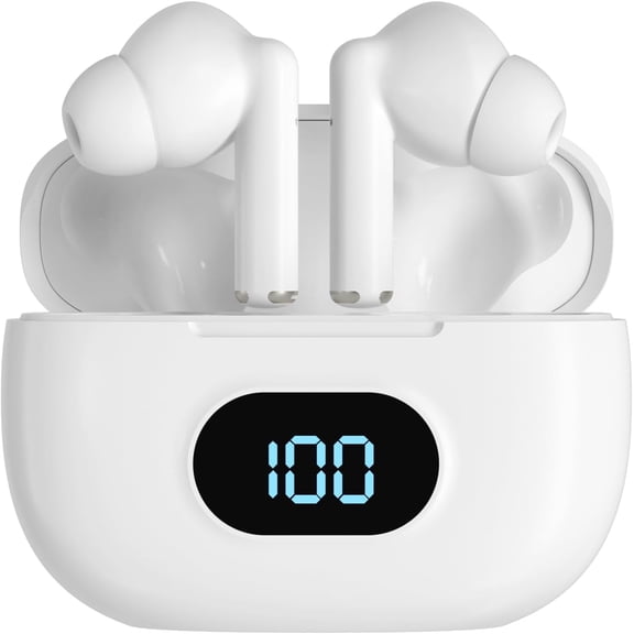 COBY True Wireless Earbuds, Mini Bluetooth Earbuds with Built-in Mic & LCD Charging Case, White