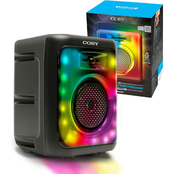 Coby True Wireless Speaker, Portable Bluetooth Speaker with 11 LED Light Modes, FM Radio, Mic and Aux Inputs, USB/SD/TF Card Slots, Karaoke Mode, Built-in Handle, Type-C Charging, 7-Hour Playtime