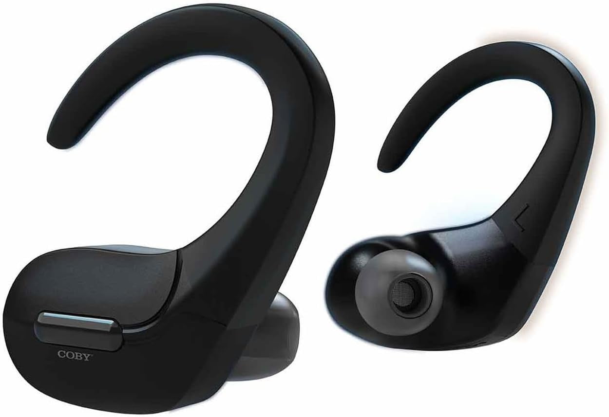 COBY True Wireless Sports Earbuds with Over-Ear Hooks, Sweatproof Bluetooth Earbuds, Black