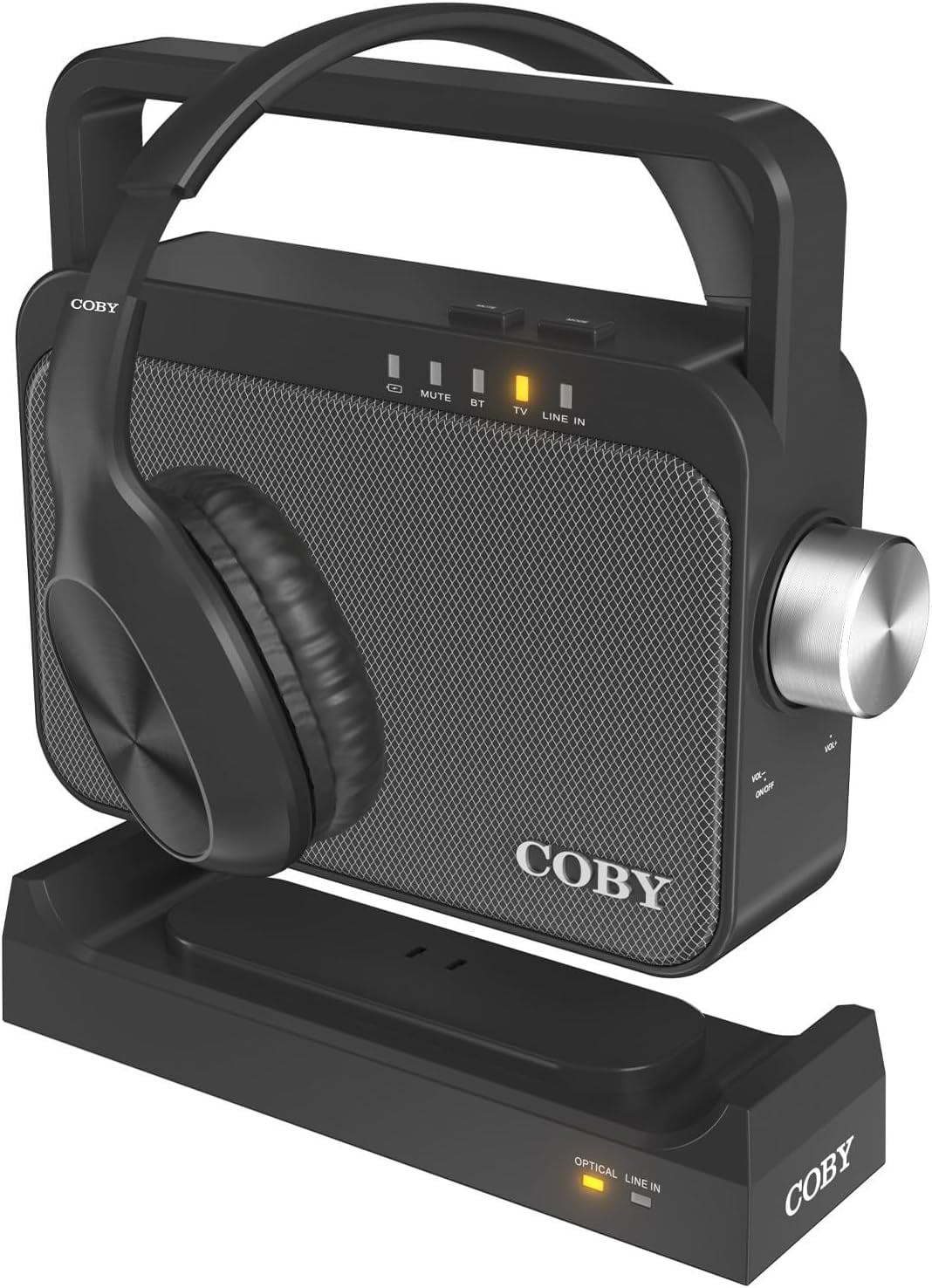 Coby Wireless Hearing Amplifier and TV Audio Speaker Bundle with Over-The-Ear Headphones, Portable Bluetooth Speaker for Seniors and Hearing Impaired, 100-Foot Range, 8-Hour Playback, 2 Items Total