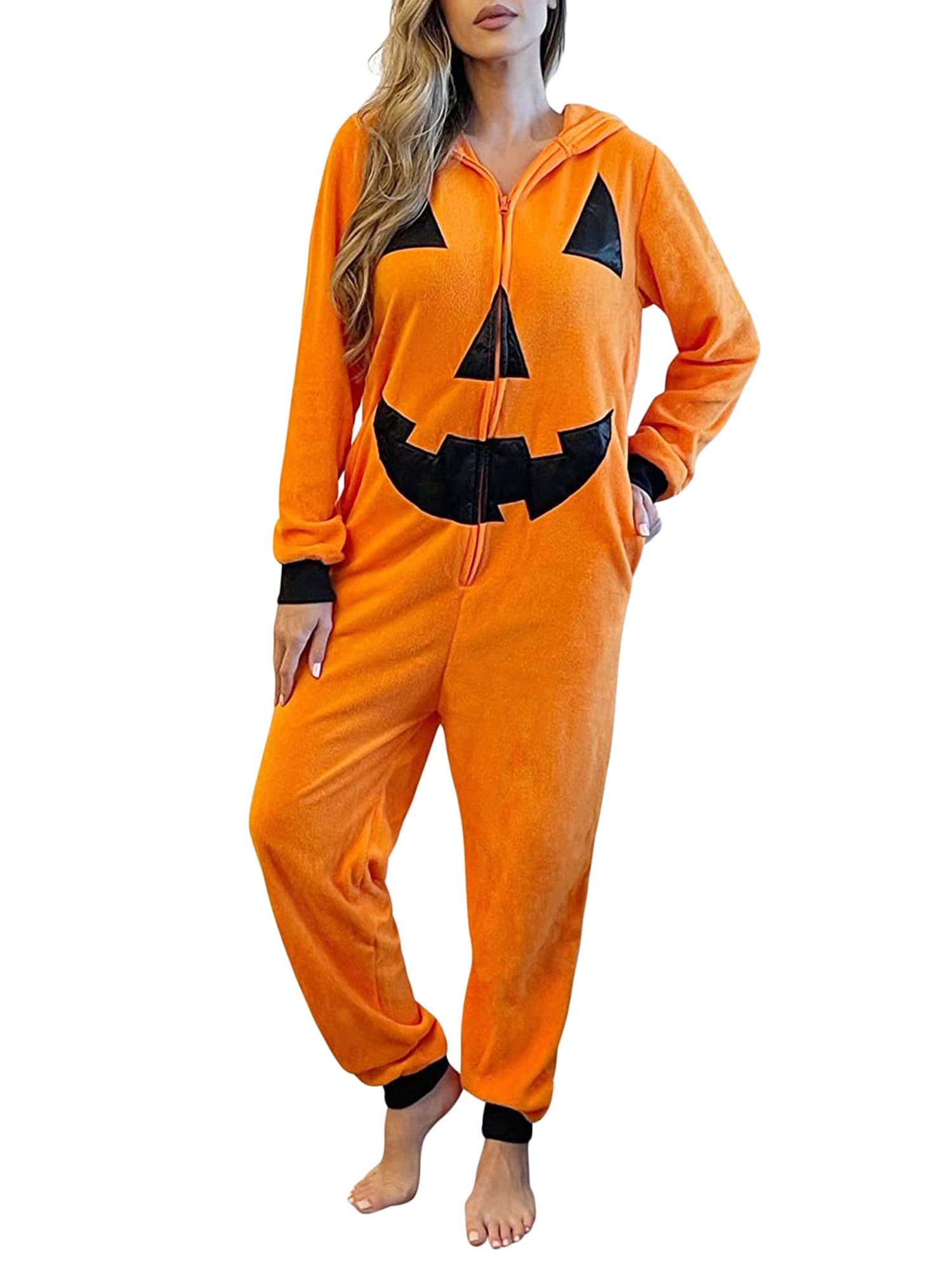 CocMouse Women Halloween Orange Pumpkin Face Print Zip-up Hooded ...