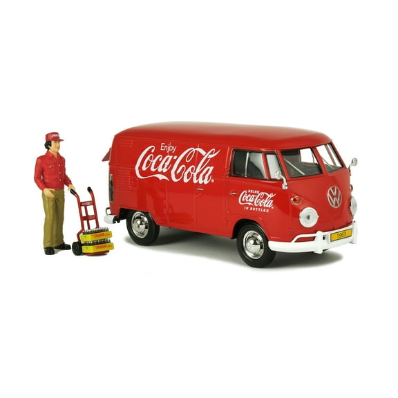 Coca-Cola 1/24 Scale 1963 Volkswagen T1 Diecast Cargo Van with New Delivery Driver, Handcart & 2 Bottle Cases (Collectible Toy Vehicle)