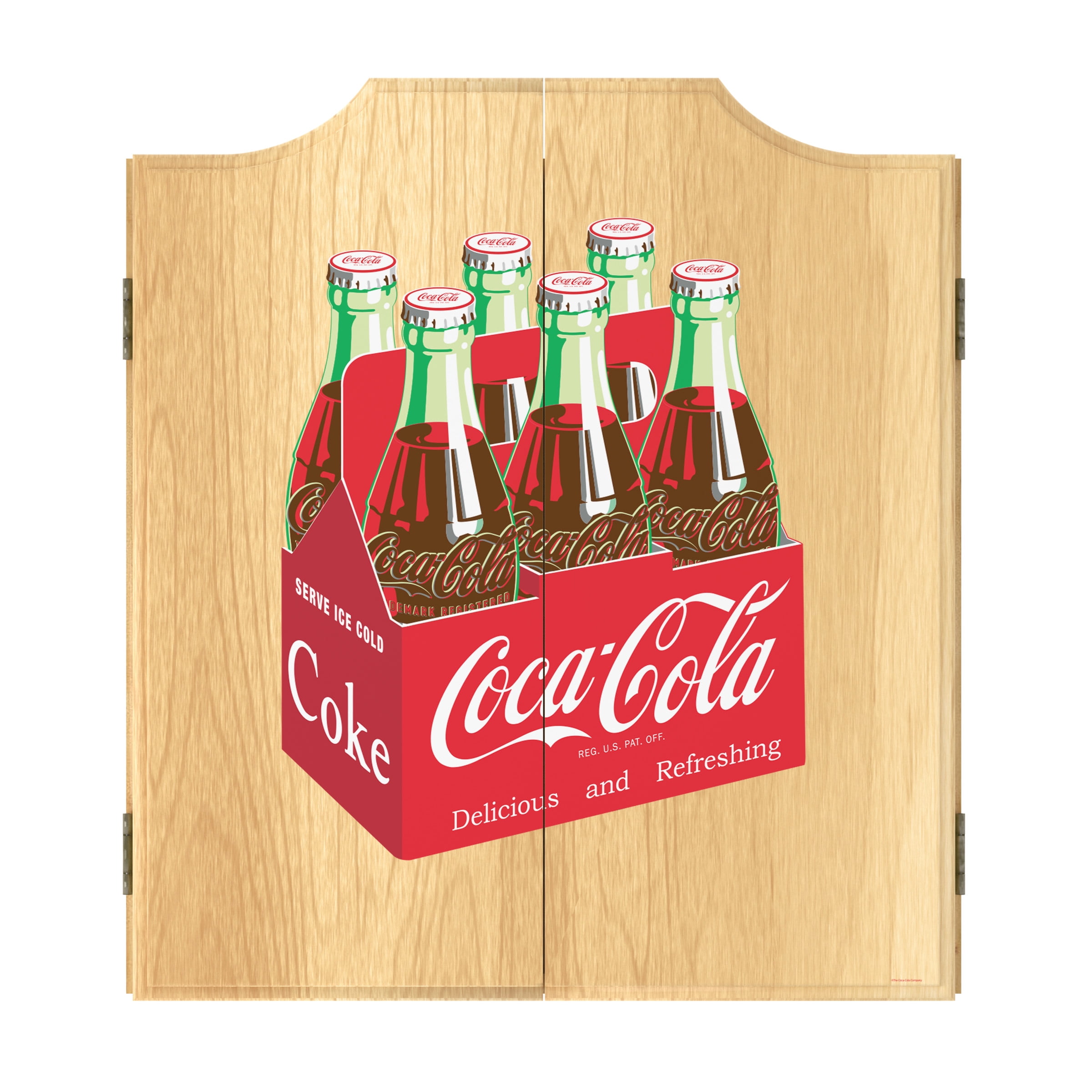 Coca-Cola 6 Pack Dart Board Cabinet Set with 6 Steel Tip Darts