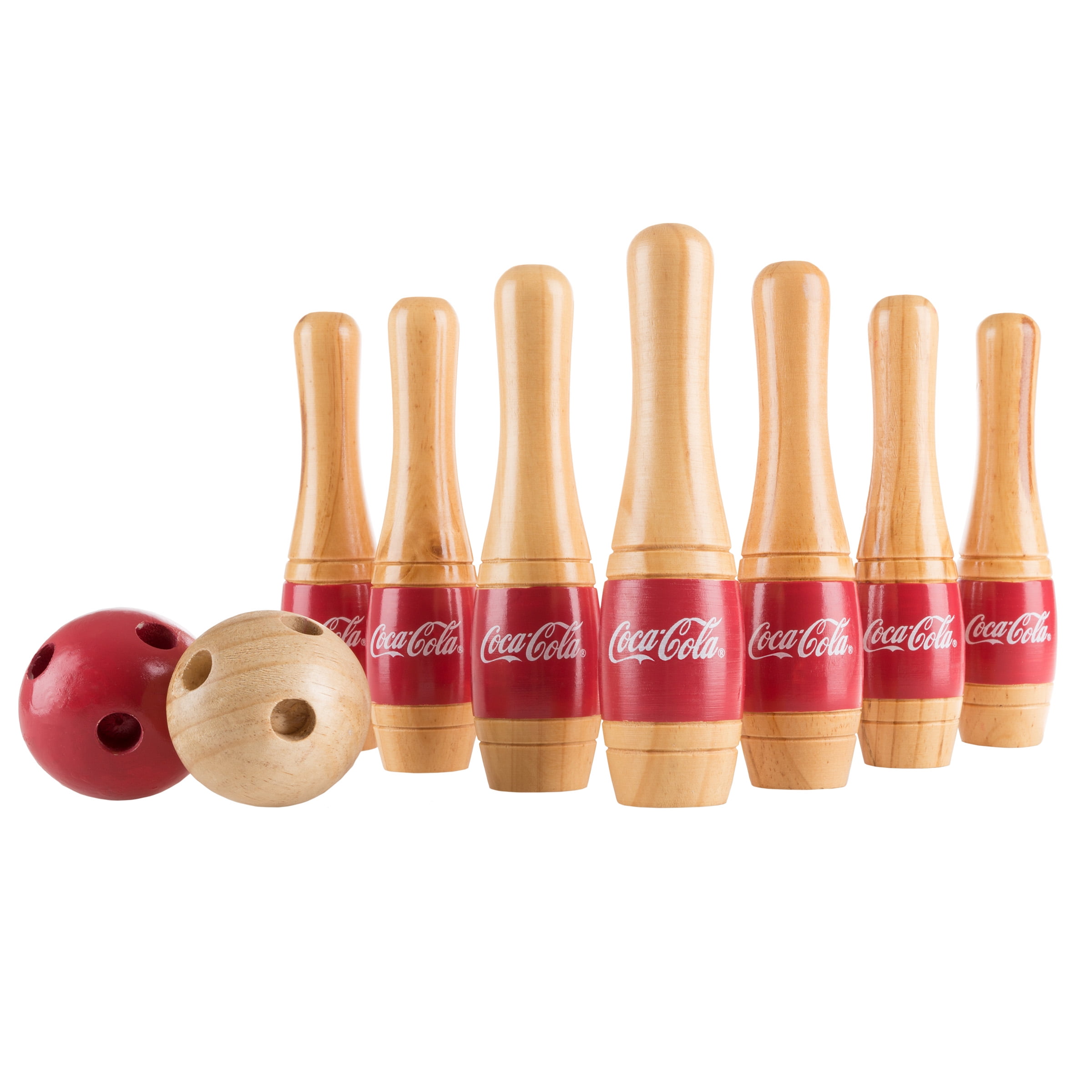 Coca Cola Bowling Set for Adults and Kids – 10 Wooden Pins, 2 Balls, and Carrying Bag by Hey! Play! (Red)