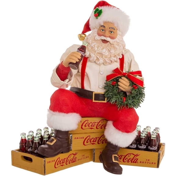 Kurt Adler Fabrich Collection, Coca-Cola Santa Sitting on Crates, 9" - Officially Licensed Christmas Table Piece