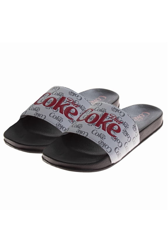 Coca, Cola Coke Logo Casual Slides for Men, Quick, Dry Comfortable Beach Pool Athletic Sandals (Adult), Grey Black, Size: 910