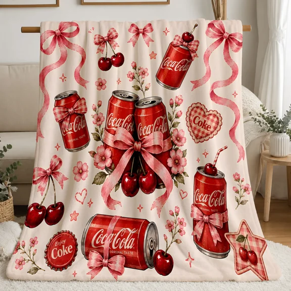 Coca-Cola Cherry Bow Retro Flannel Blanket, Food Themed Blanket, Soft Floral Pattern, American Sweet Style, Home Decor, Sofa Bed Cover, Collectible Item