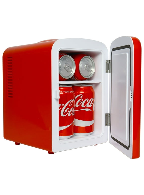 Coca-Cola Classic 4L Mini Fridge w/ 12V DC and 110V AC Cords, 6 Can Portable Cooler, Personal Travel Refrigerator for Snacks Lunch Drinks Cosmetics, Desk Home Office Dorm, Red