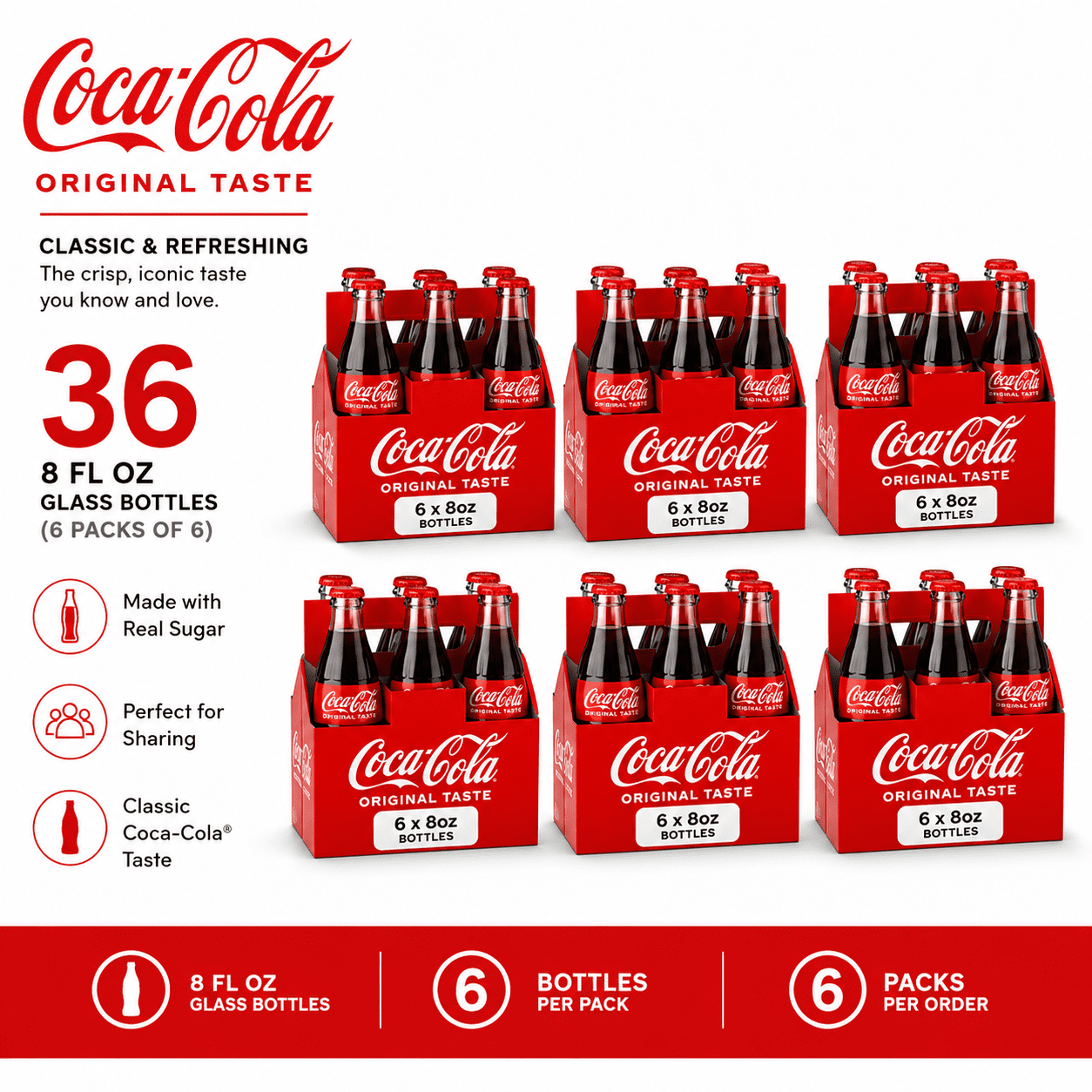 Coca-Cola Classic Cola Soda Pop, 8 fl oz Glass Bottles Cane Sugar (Pack ...