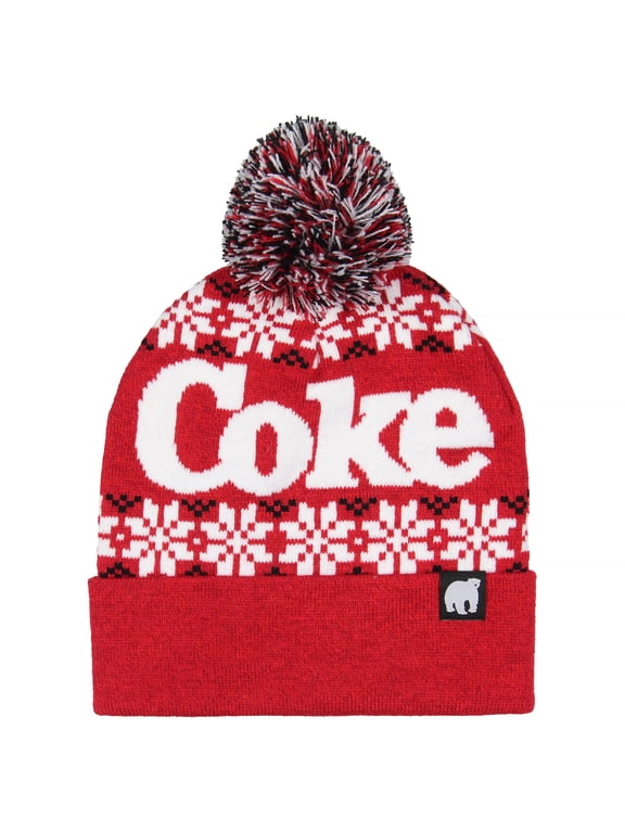 Coca-Cola Coke Fair isle Sweater Knit Polar Bear Logo Patch Folded Cuff Pom Beanie Hat Cap