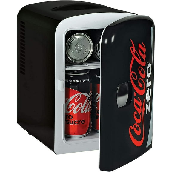 Coca-Cola Coke Zero 4L Portable Cooler/Warmer, Compact Personal Travel Fridge for Snacks Lunch Drinks Cosmetics, Includes 12V and AC Cords, Desk Accessory for Home Office Dorm Travel, Black