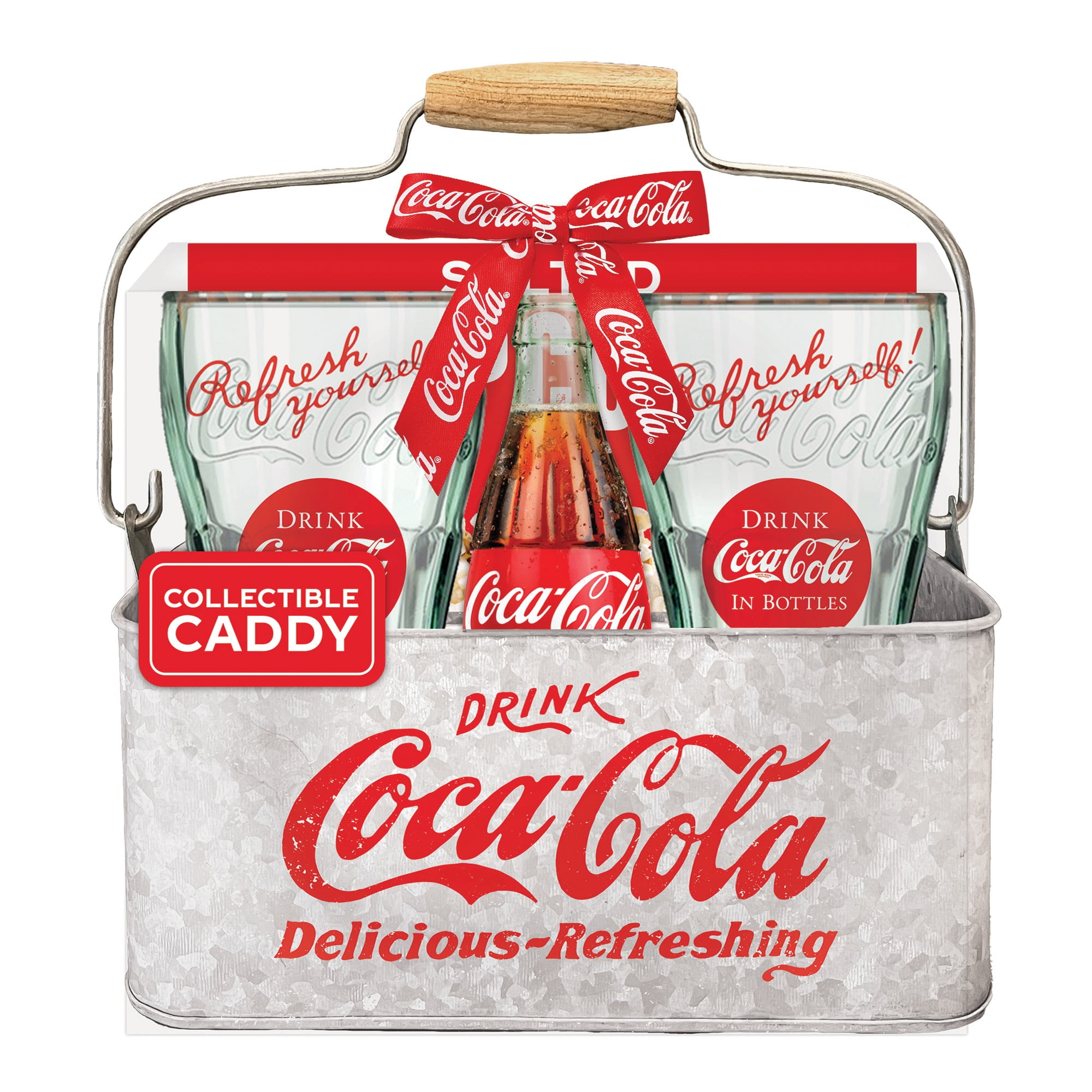Coca Cola Collectible Caddy Gift Set With Genuine Glasses and Popcorn - Perfect Holiday Food Gift Assortment
