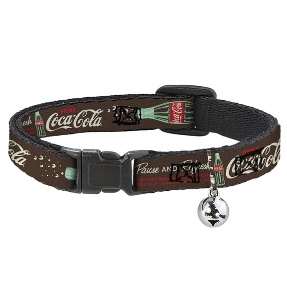 The Coca-Cola Company Cat Collar, Breakaway Collar with Bell, Coke Drink Coca Cola Pause and Refresh Bottle Brown Red White, 8.5 to 12 Inches 0.5 Inch Wide