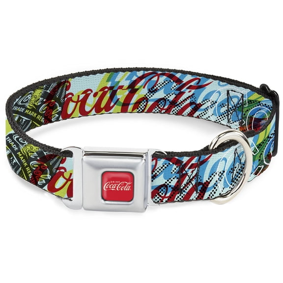 The Coca-Cola Company Pet Collar, Dog Collar Metal Seatbelt Buckle, Coca Cola Coke Logos and Bottle Pop Art Multi Color, 15 to 24 Inches 1.0 Inch Wide