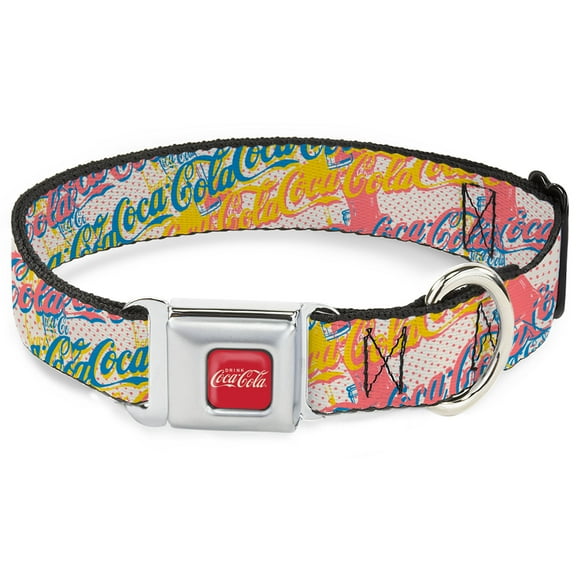 The Coca-Cola Company Pet Collar, Dog Collar Metal Seatbelt Buckle, Coca Cola Script Logo Stacked Pop Art White Multi Pastel, 9.5 to 13 Inches 1.0 Inch Wide