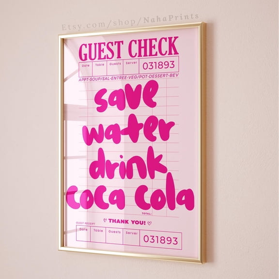 Coca Cola Guest Check Print, Hot Pink Preppy Bar Cart Art UNFRAMED PAPER POSTER, Home Decor, Vintage Gift, Living Room Dercor