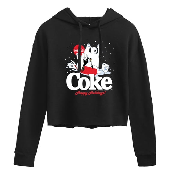 Coca-Cola - Happy Holidays Sledding- Juniors Cropped Long Sleeve Fleece Hoodie