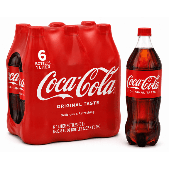 Coca-Cola Original Taste Carbonated Soft Drink, 6 Bottles, 1 Liter (6 L)