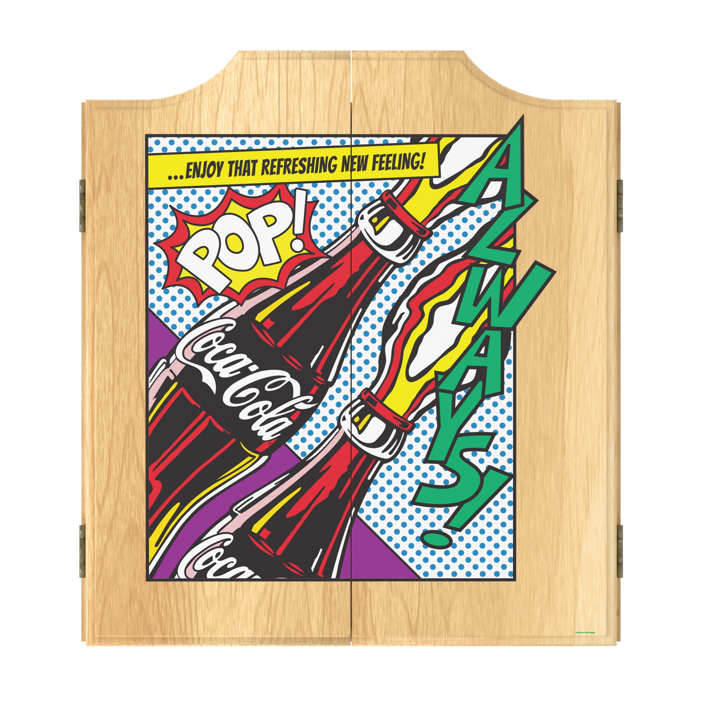 Coca-Cola Pop Art Dart Board Cabinet Set with 6 Steel Tip Darts