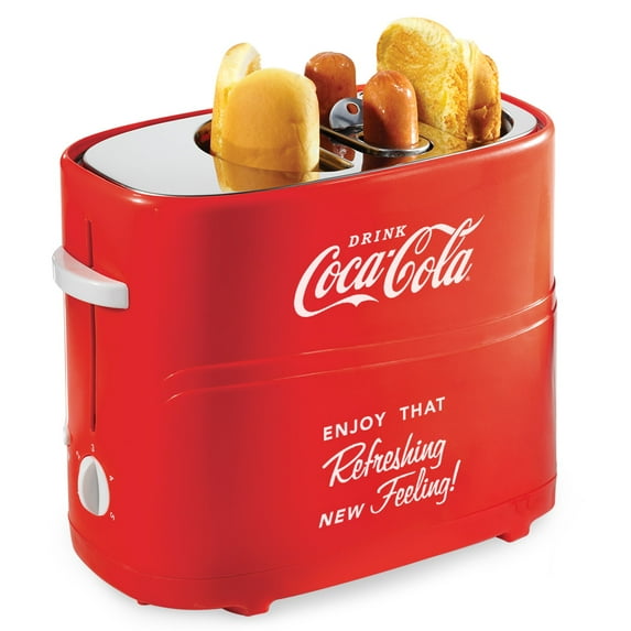 Nostalgia Coca Cola 2-Slot Retro Pop-Up Bun and Hot Dog Toaster with Removable Hot Dog Cage and Mini Tongs