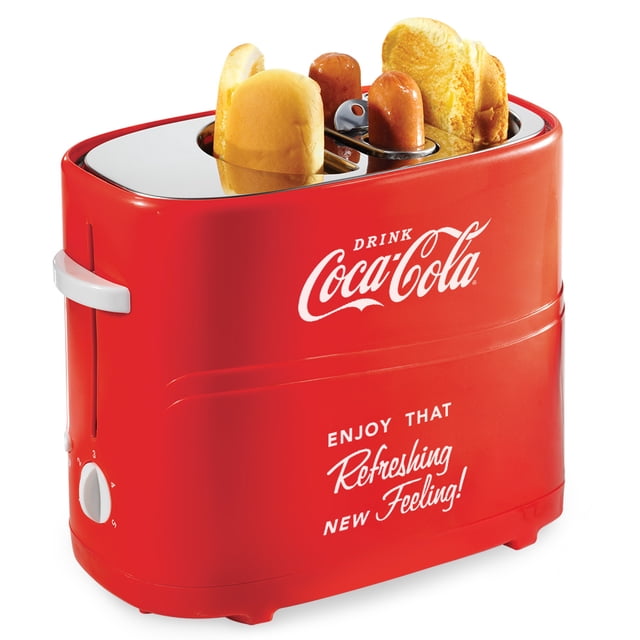 Nostalgia Coca Cola 2-Slot Retro Pop-Up Bun and Hot Dog Toaster with Removable Hot Dog Cage and Mini Tongs