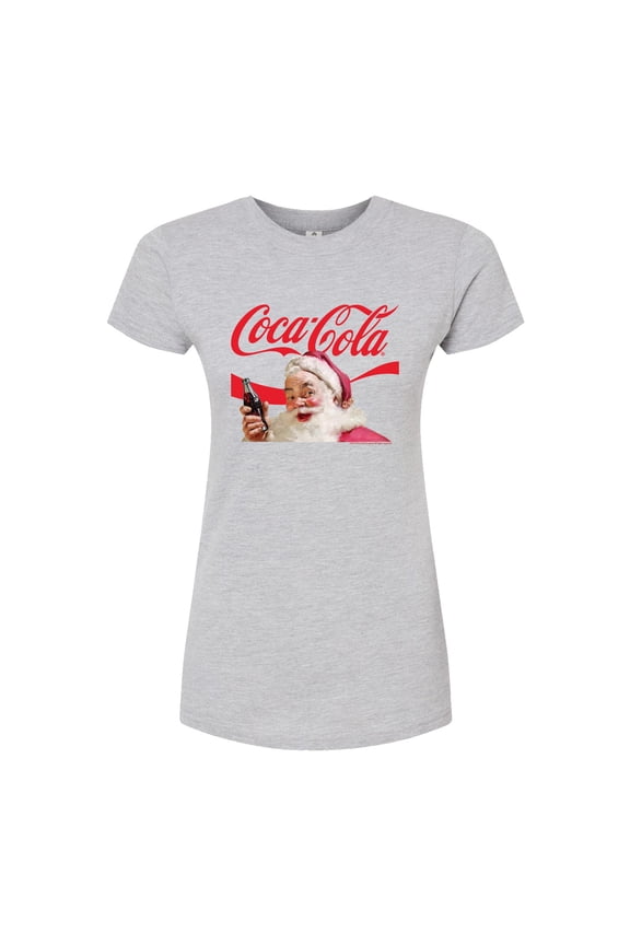 - Santa Closeup Coca Cola Logo - Juniors Fitted Graphic T-Shirt