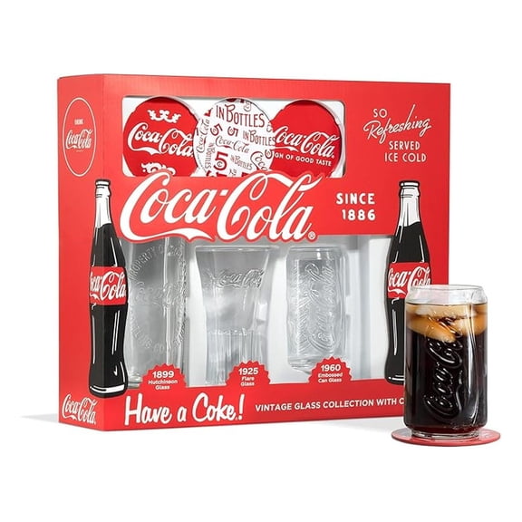 Coca-Cola Set of 3 Different Vintage Style Coke Glasses With Coasters Gift Set