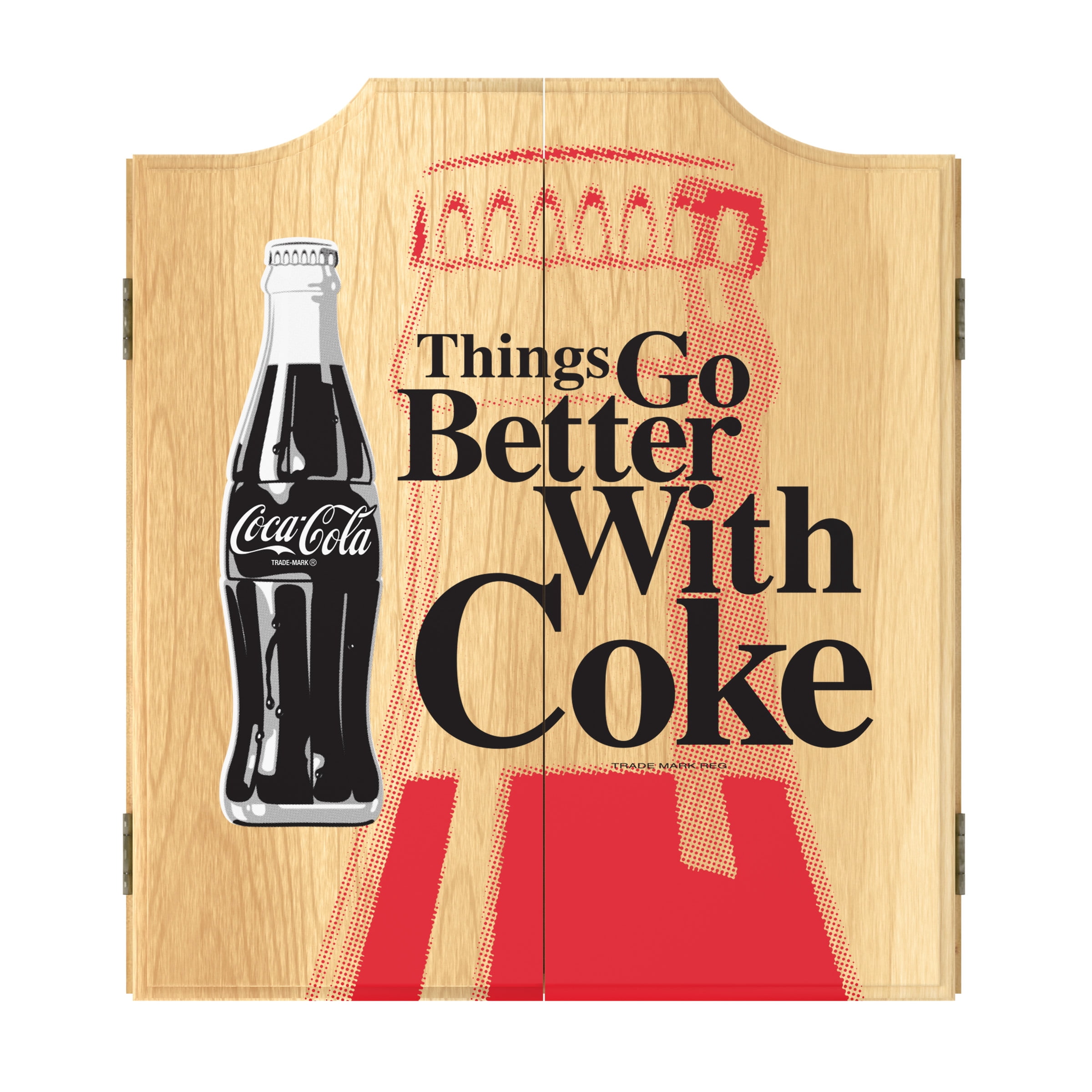 Coca-Cola Things Go Better with Coke Bottle Art Dart Board Cabinet Set with 6 Steel Tip Darts
