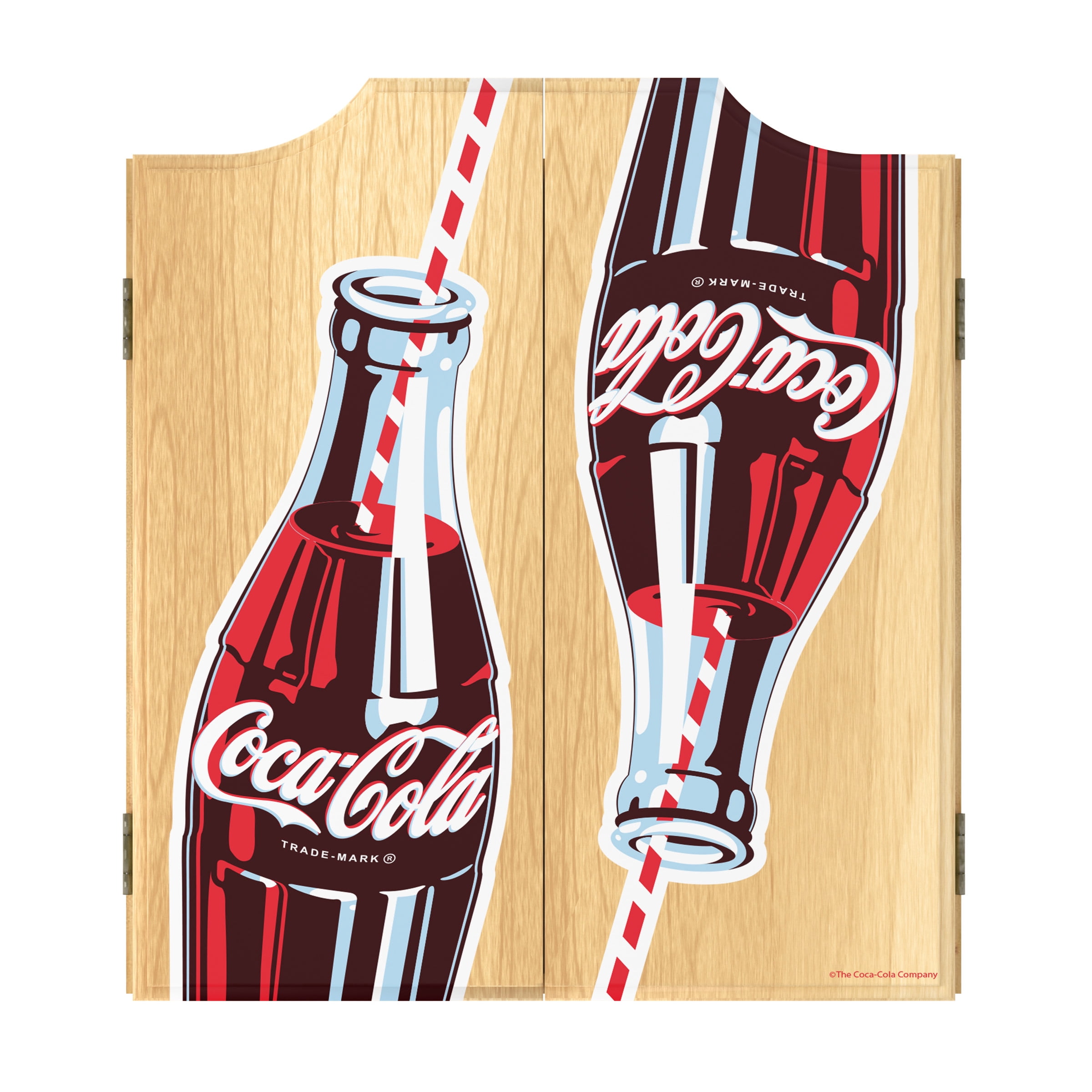 Coca-Cola Twin Bottles with Straw Bottle Art Dart Board Cabinet Set with 6 Steel Tip Darts