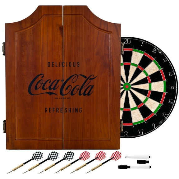 Coca-Cola Vintage Engraved Dart Board Cabinet Set with 6 Steel Tip Darts