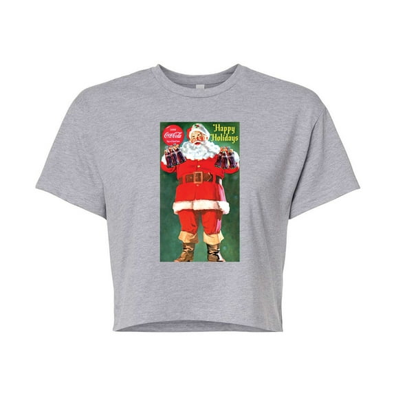 Coca-Cola - Vintage Santa With Coke Bottles - Juniors Cropped Short Sleeve Graphic T-Shirt