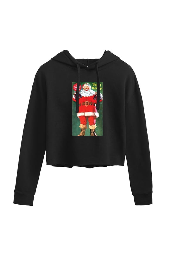 - Vintage Santa With Coke Bottles - Juniors Cropped Long Sleeve Fleece Hoodie