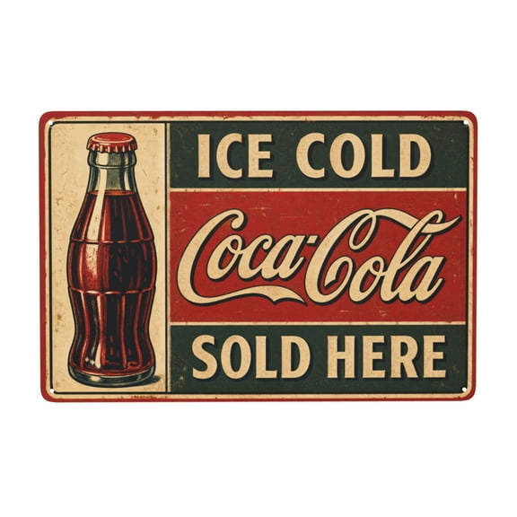 Coca-Cola Vintage Style Metal Wall Decor Sign, Retro Soda Bottle Advertisement Design Plaque, Ice Cold Sold Here Graphic, Rustic Iron Hanging Sign for Home Bar Kitchen Garage Indoo